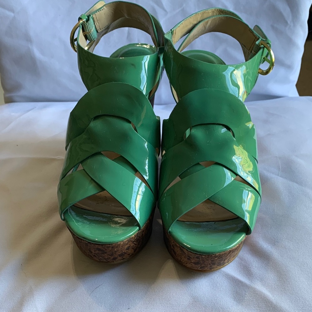 Joan & David Teal Patent Wedge Sandals